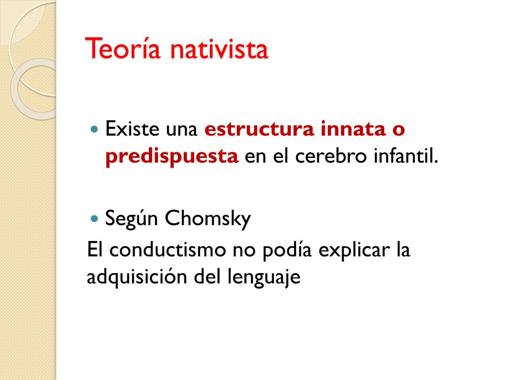 Teoría nativista Existe una estructura innata o predispuesta en el cerebro infantil. Según Chomsky.