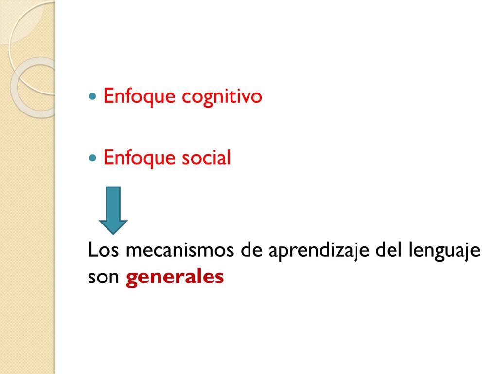 Enfoque cognitivo Enfoque social Los mecanismos de aprendizaje del lenguaje son generales