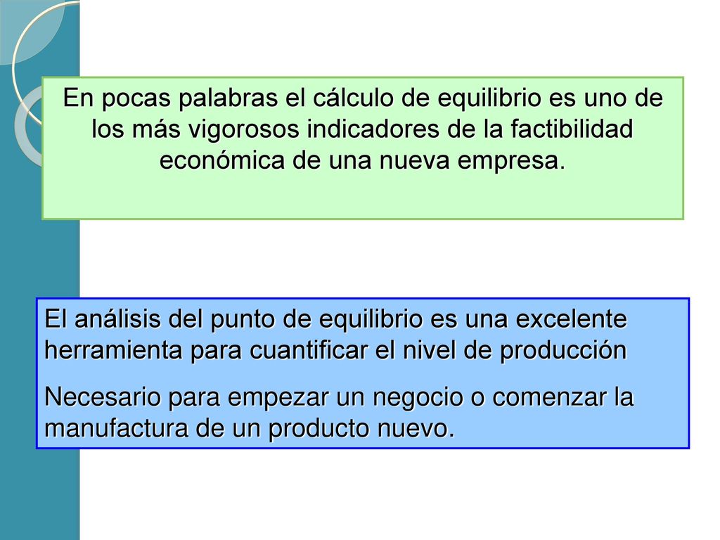 En pocas palabras el cálculo de equilibrio es uno de los más vigorosos indicadores de la factibilidad económica de una nueva empresa.