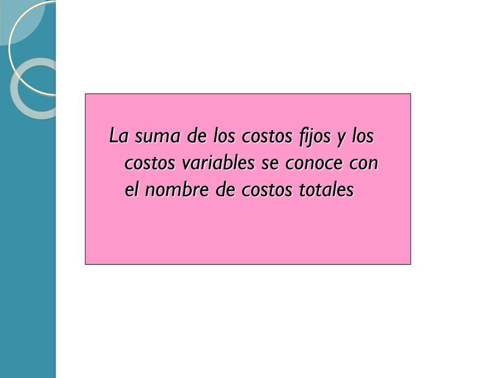 La suma de los costos fijos y los costos variables se conoce con el nombre de costos totales