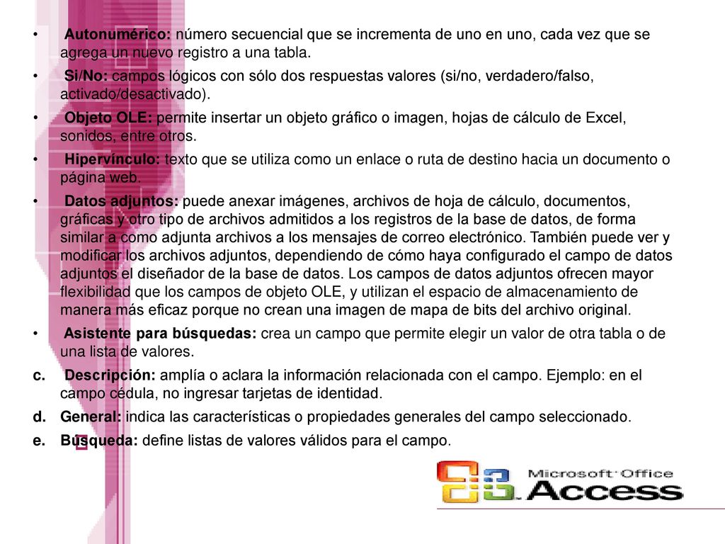 Autonumérico: número secuencial que se incrementa de uno en uno, cada vez que se agrega un nuevo registro a una tabla.