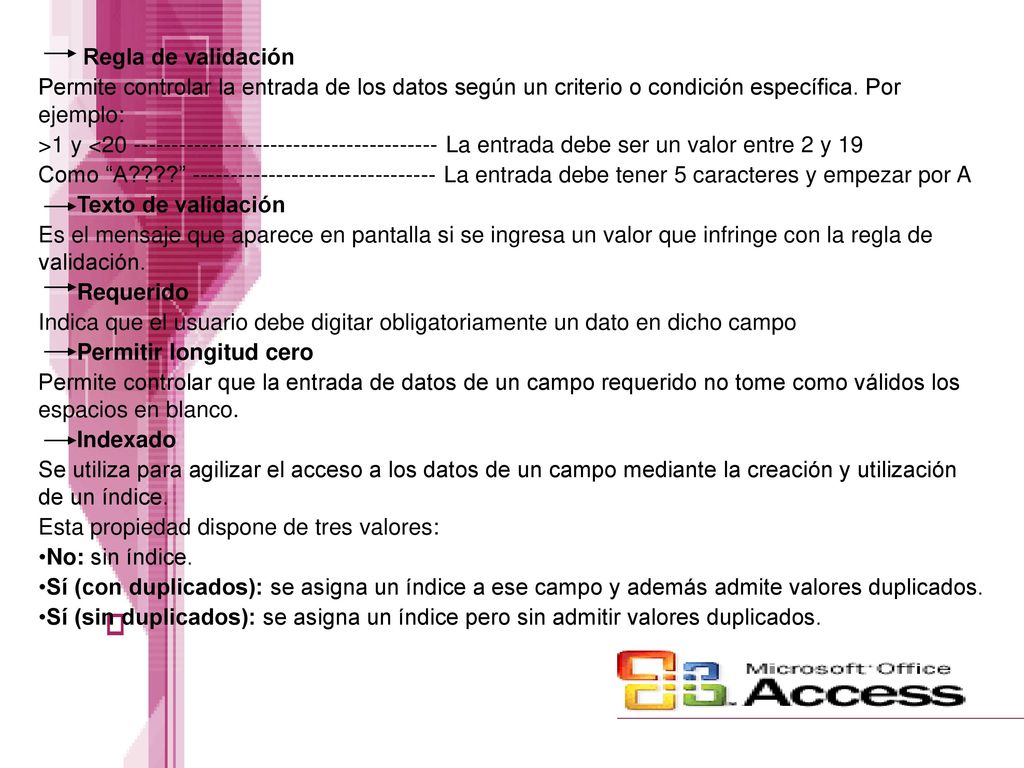Regla de validación Permite controlar la entrada de los datos según un criterio o condición específica. Por ejemplo: