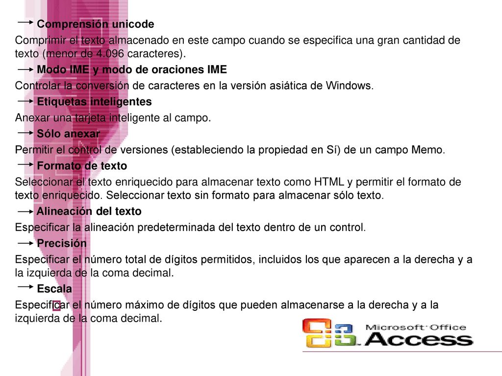 Comprensión unicode Comprimir el texto almacenado en este campo cuando se especifica una gran cantidad de texto (menor de caracteres).