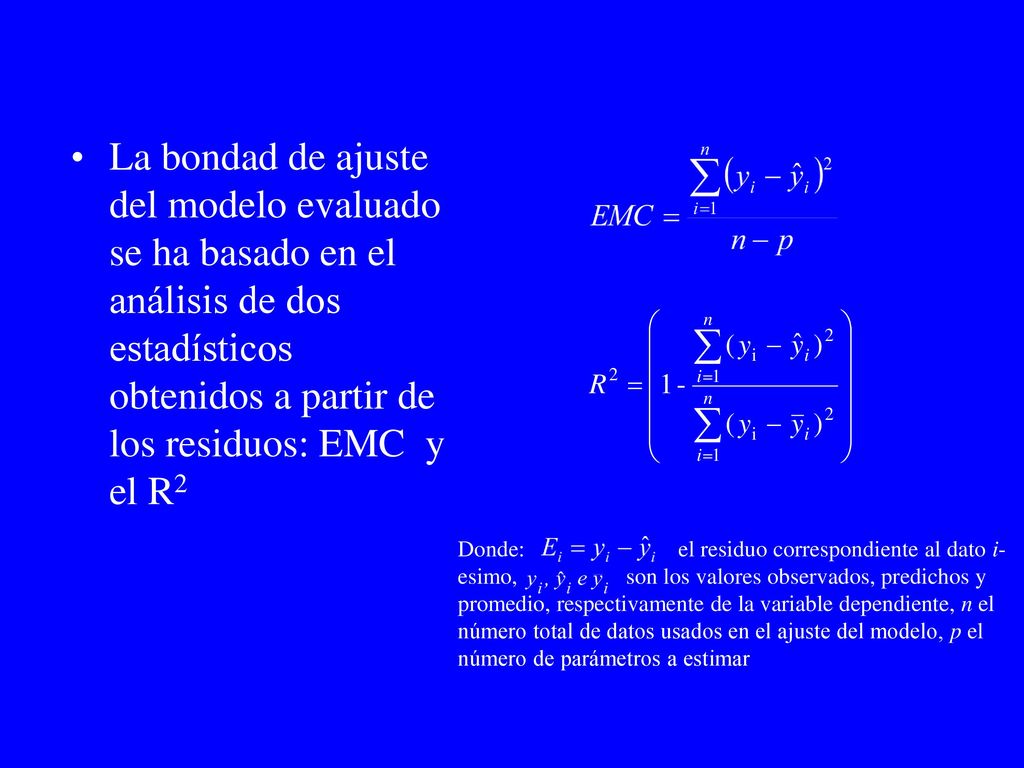 La bondad de ajuste del modelo evaluado se ha basado en el análisis de dos estadísticos obtenidos a partir de los residuos: EMC y el R2