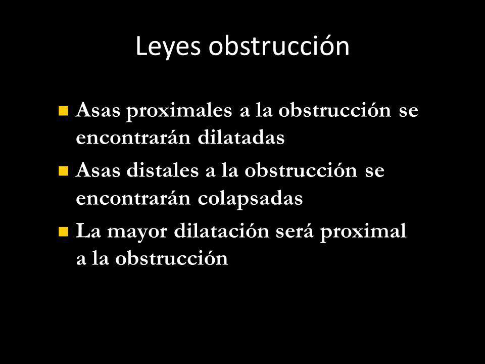 Leyes obstrucción Asas proximales a la obstrucción se encontrarán dilatadas. Asas distales a la obstrucción se encontrarán colapsadas.