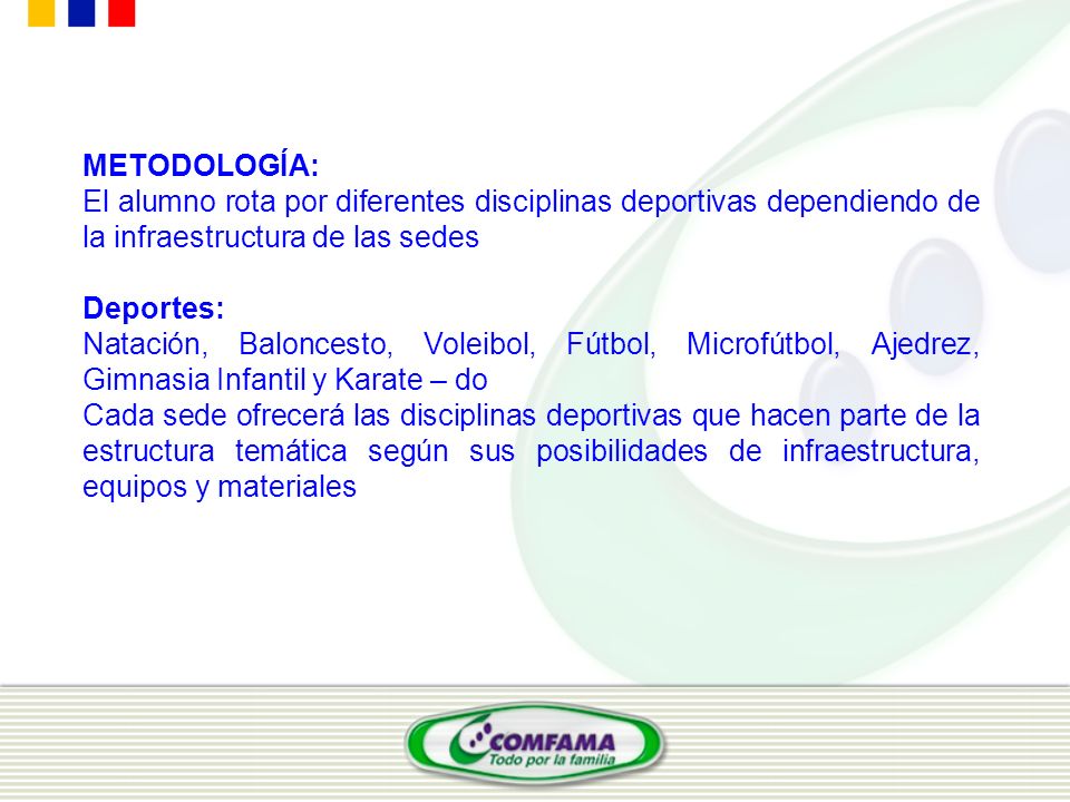 METODOLOGÍA: El alumno rota por diferentes disciplinas deportivas dependiendo de la infraestructura de las sedes.