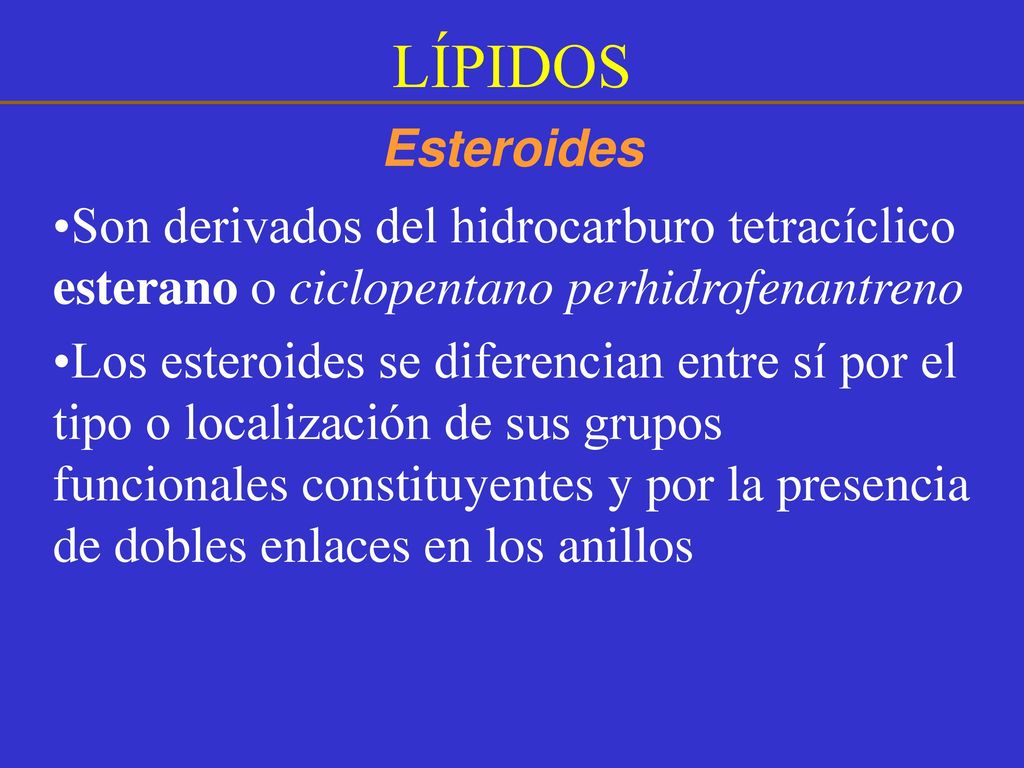 LÍPIDOS Esteroides. Son derivados del hidrocarburo tetracíclico esterano o ciclopentano perhidrofenantreno.