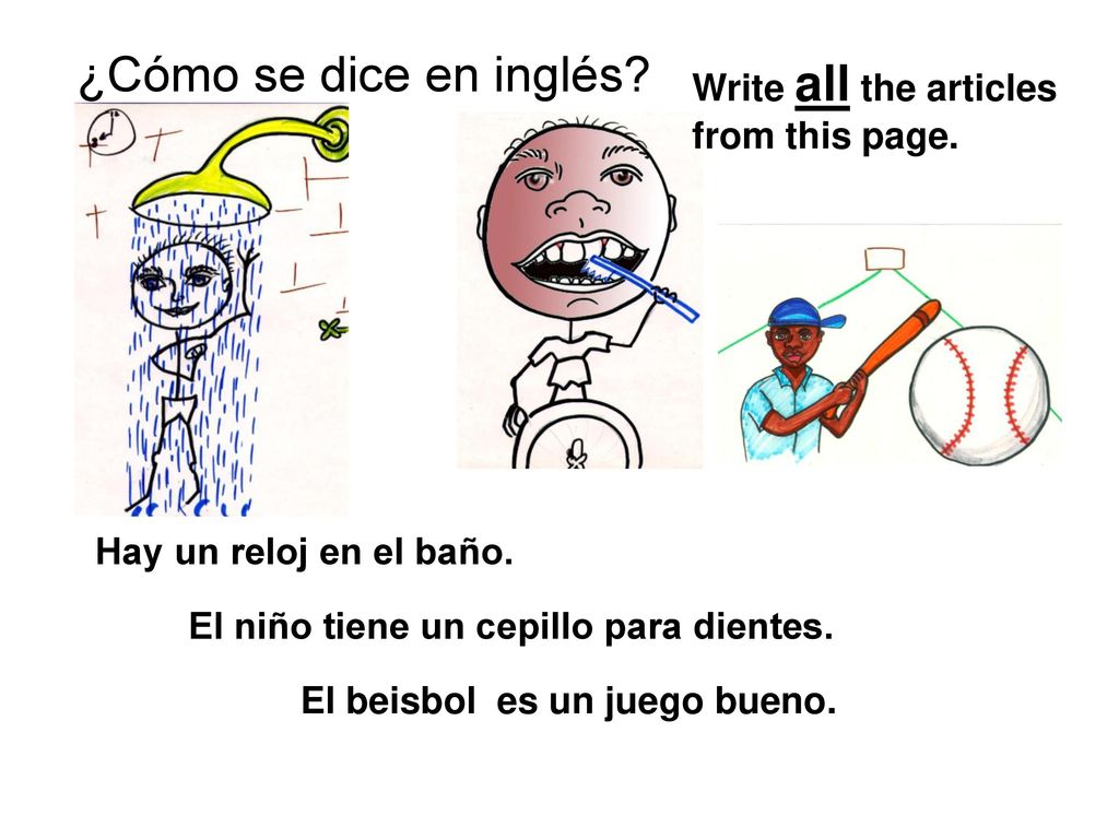 ¿Cómo se dice en inglés Write all the articles from this page.