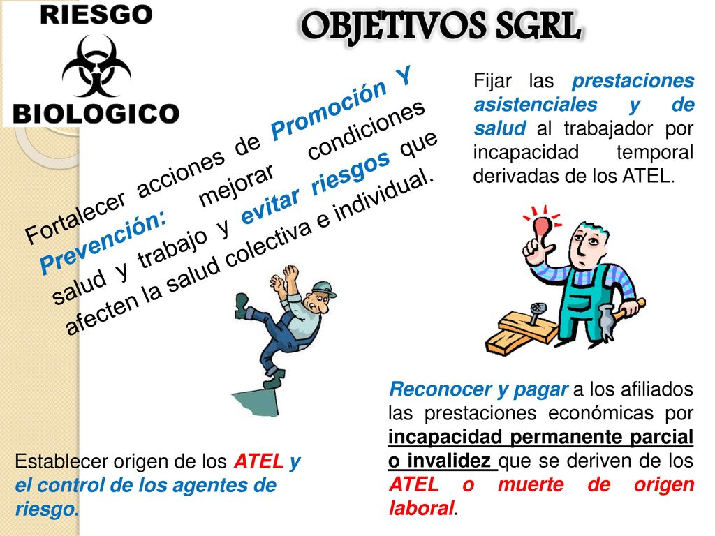 OBJETIVOS SGRL Fijar las prestaciones asistenciales y de salud al trabajador por incapacidad temporal derivadas de los ATEL.