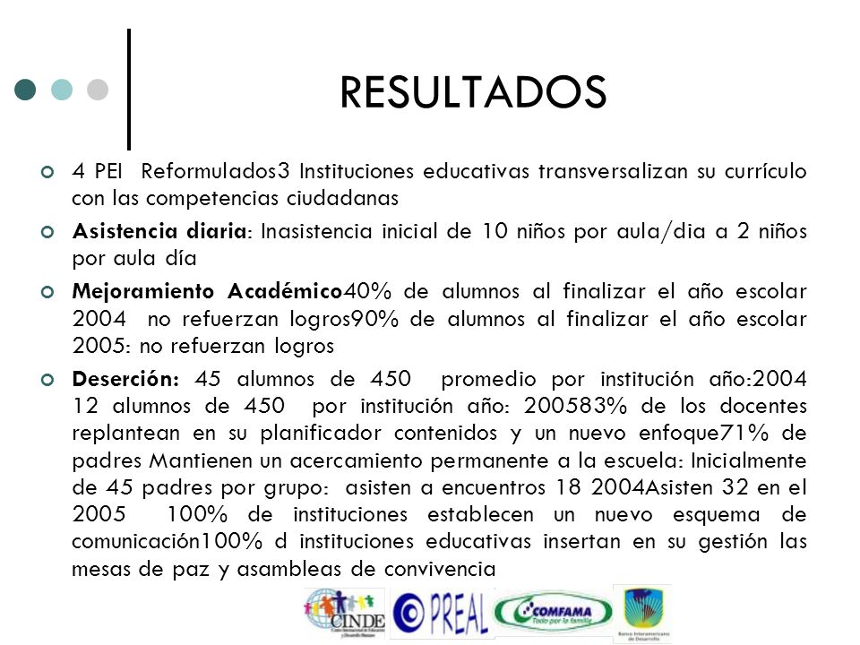 RESULTADOS 4 PEI Reformulados3 Instituciones educativas transversalizan su currículo con las competencias ciudadanas.