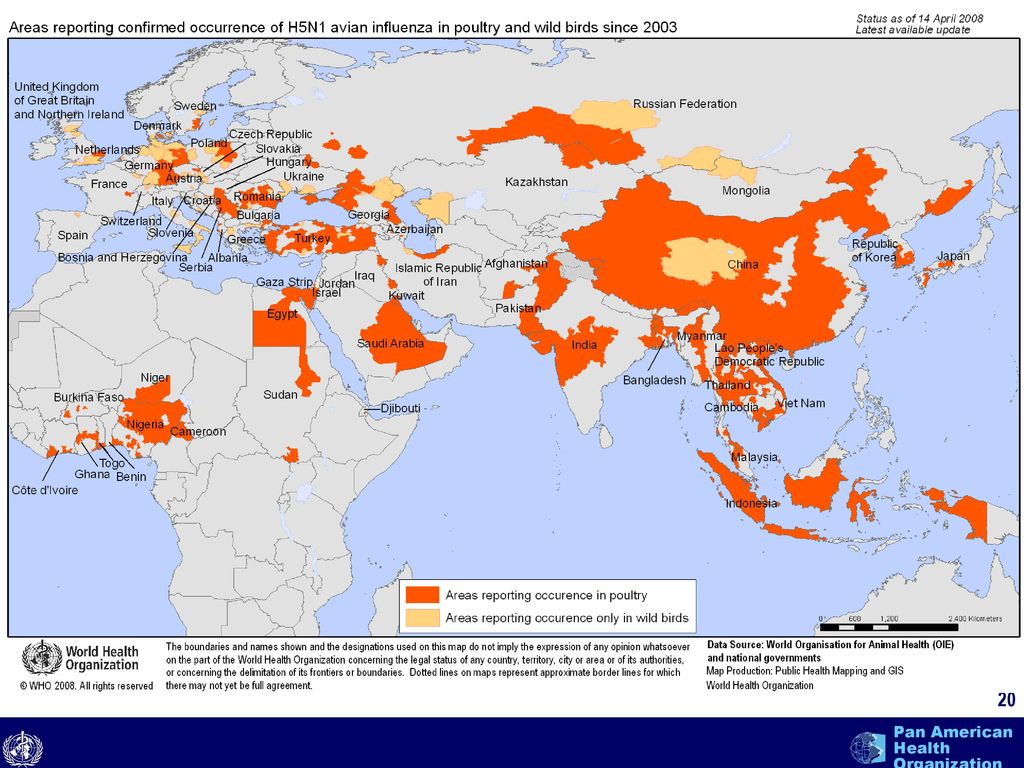 Distribución de los casos de influenza aviar en aves domesticas y salvajes, desde 2003.
