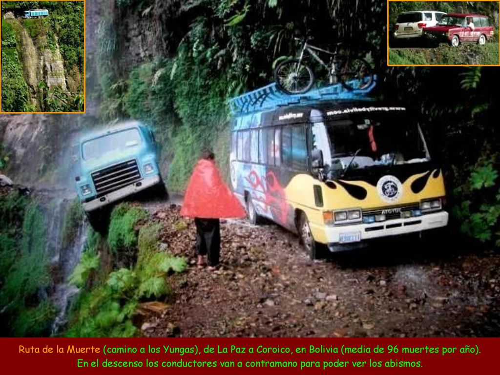 Ruta de la Muerte (camino a los Yungas), de La Paz a Coroico, en Bolivia (media de 96 muertes por año).