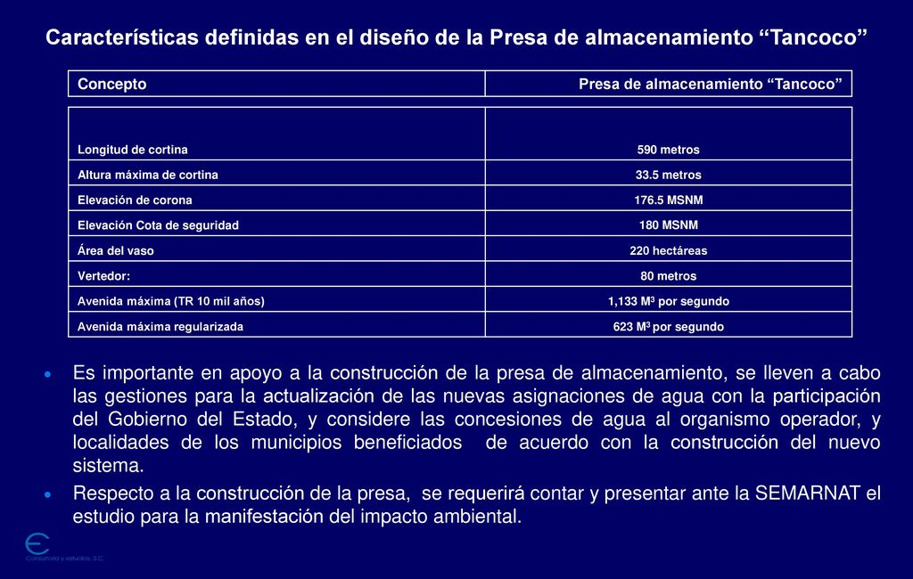 Características definidas en el diseño de la Presa de almacenamiento Tancoco