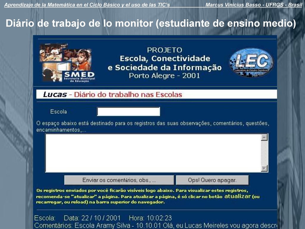 Diário de trabajo de lo monitor (estudiante de ensino medio)