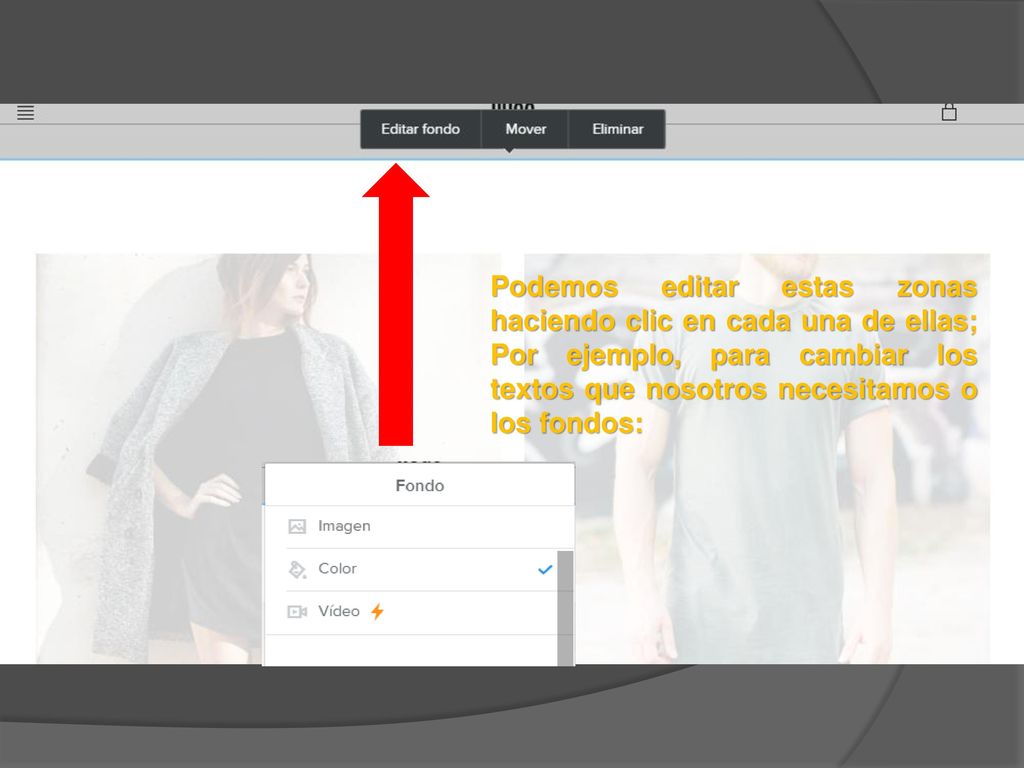 Podemos editar estas zonas haciendo clic en cada una de ellas; Por ejemplo, para cambiar los textos que nosotros necesitamos o los fondos: