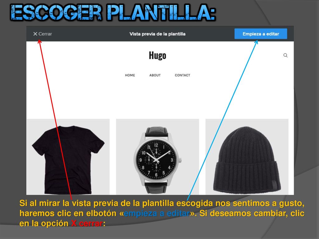 Si al mirar la vista previa de la plantilla escogida nos sentimos a gusto, haremos clic en elbotón «empieza a editar».