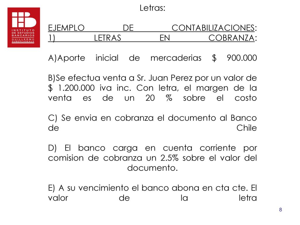 Letras: EJEMPLO DE CONTABILIZACIONES: 1) LETRAS EN COBRANZA: A)Aporte inicial de mercaderias $ B)Se efectua venta a Sr.