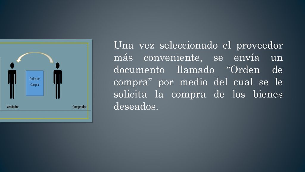 Una vez seleccionado el proveedor más conveniente, se envía un documento llamado Orden de compra por medio del cual se le solicita la compra de los bienes deseados.