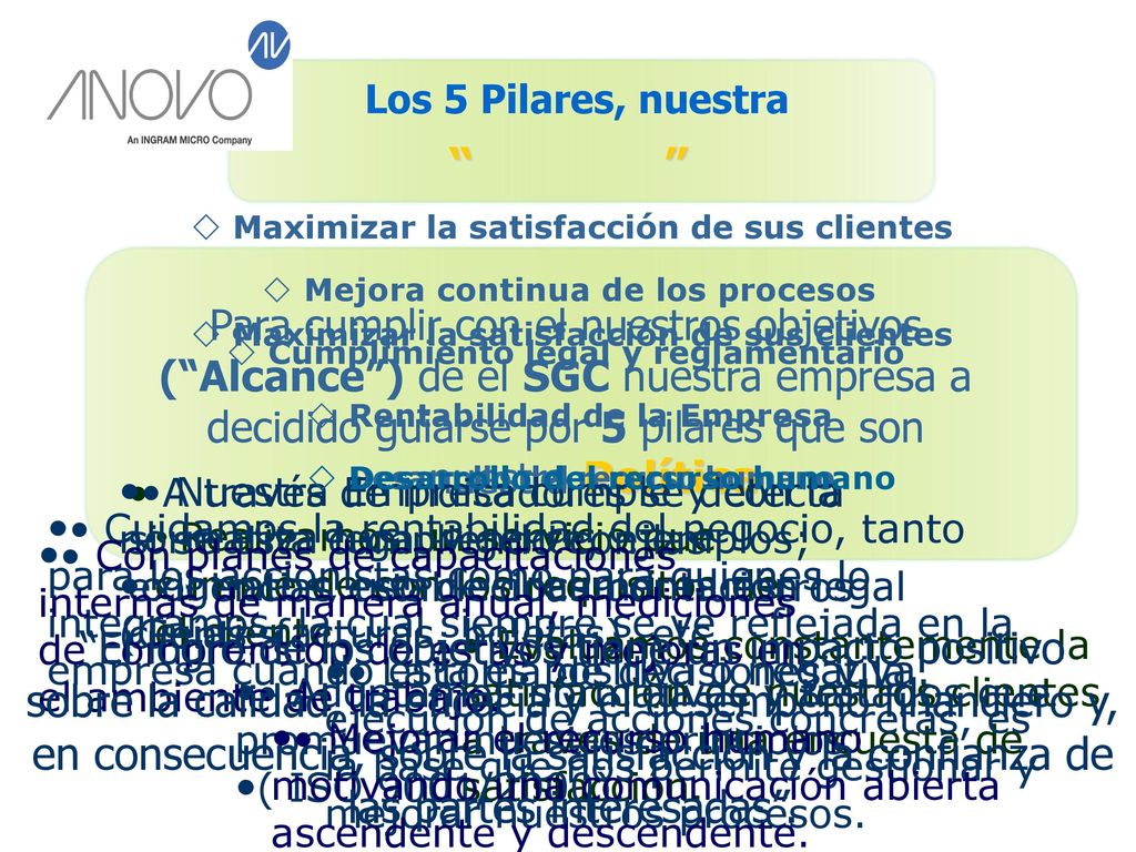Los 5 Pilares, nuestra  Maximizar la satisfacción de sus clientes.  Mejora continua de los procesos.