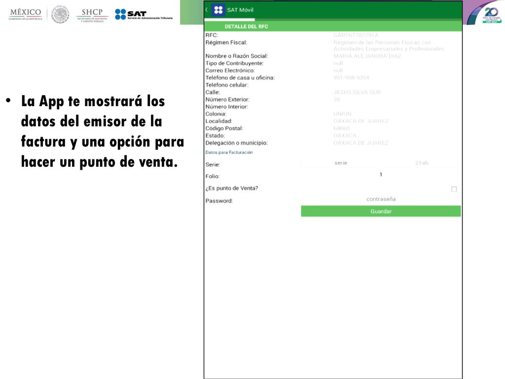 La App te mostrará los datos del emisor de la factura y una opción para hacer un punto de venta.