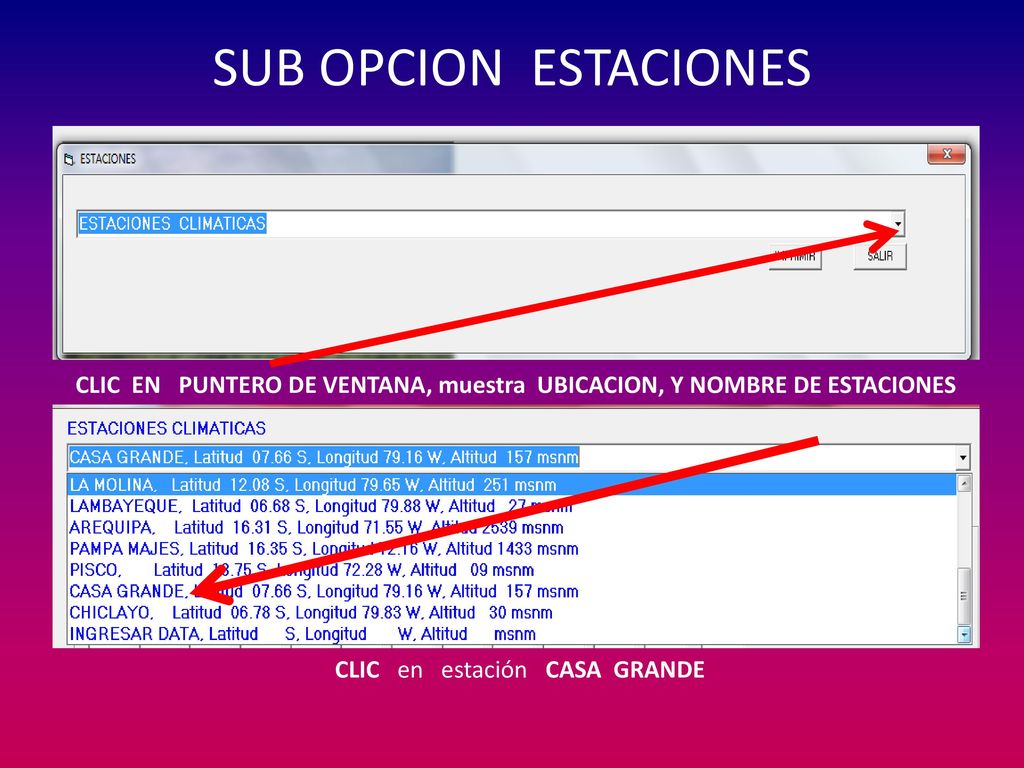 CLIC EN PUNTERO DE VENTANA, muestra UBICACION, Y NOMBRE DE ESTACIONES