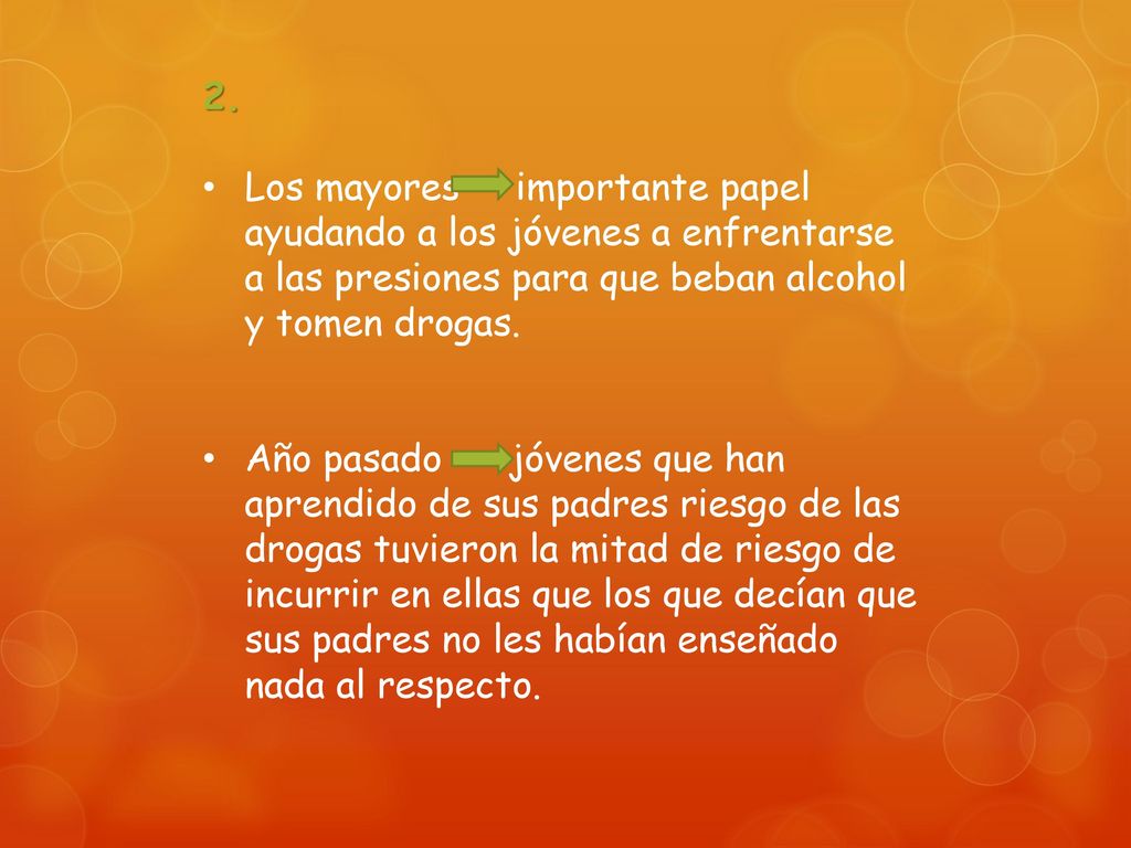 2. Los mayores importante papel ayudando a los jóvenes a enfrentarse a las presiones para que beban alcohol y tomen drogas.