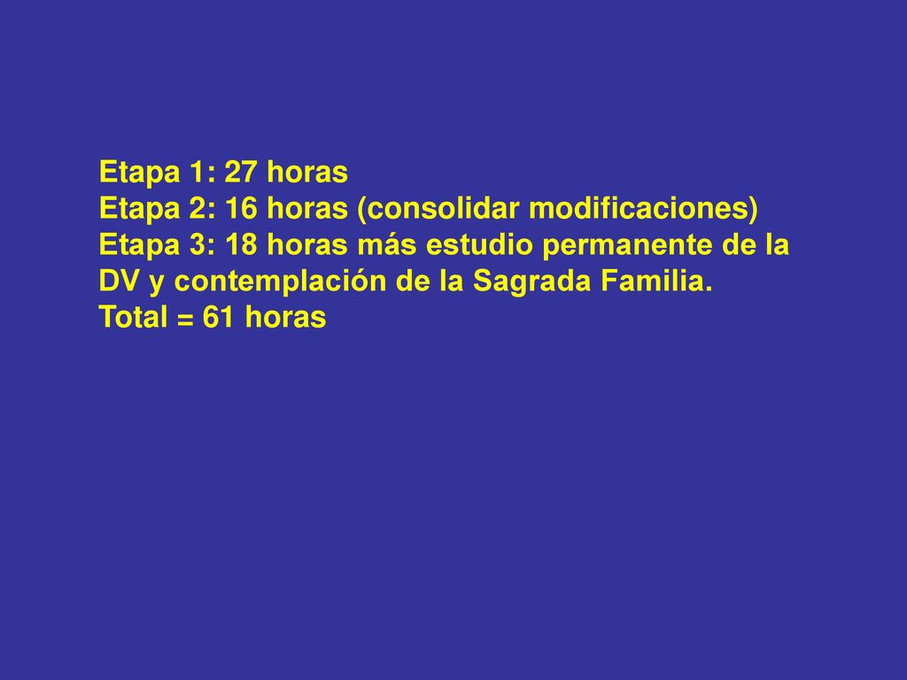 Etapa 1: 27 horas Etapa 2: 16 horas (consolidar modificaciones)