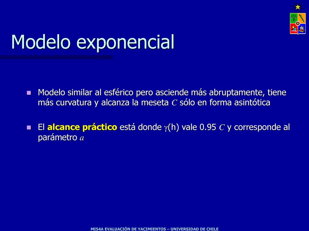Modelo exponencial Modelo similar al esférico pero asciende más abruptamente, tiene más curvatura y alcanza la meseta C sólo en forma asintótica.