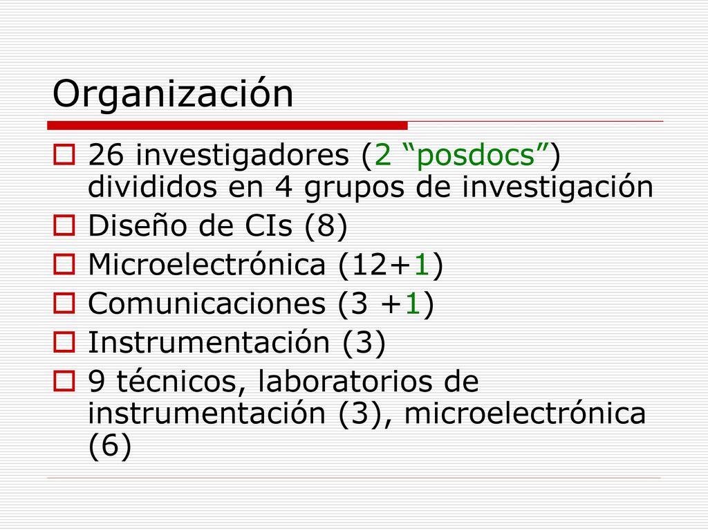 Organización 26 investigadores (2 posdocs ) divididos en 4 grupos de investigación. Diseño de CIs (8)