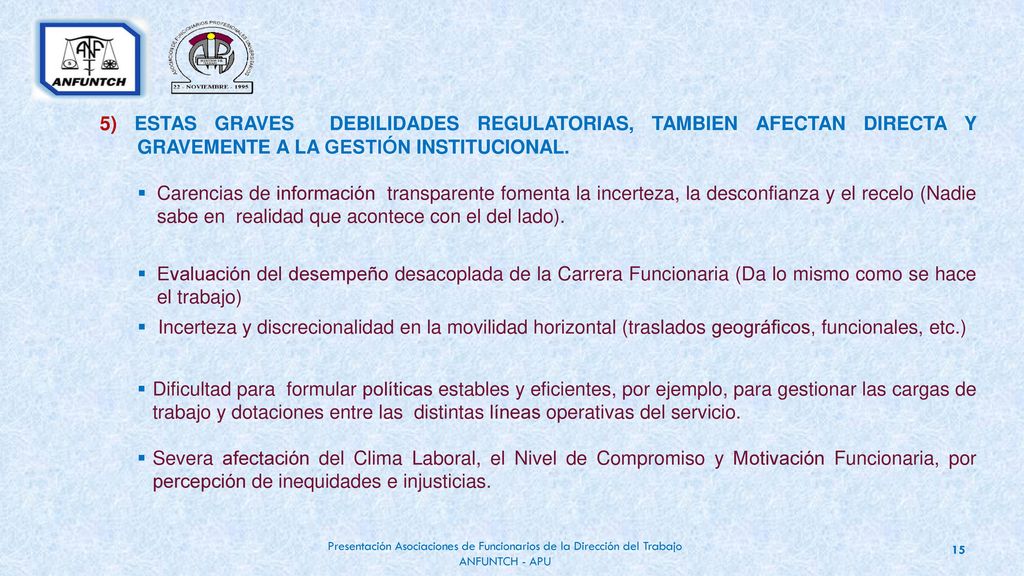 5) ESTAS GRAVES DEBILIDADES REGULATORIAS, TAMBIEN AFECTAN DIRECTA Y GRAVEMENTE A LA GESTIÓN INSTITUCIONAL.