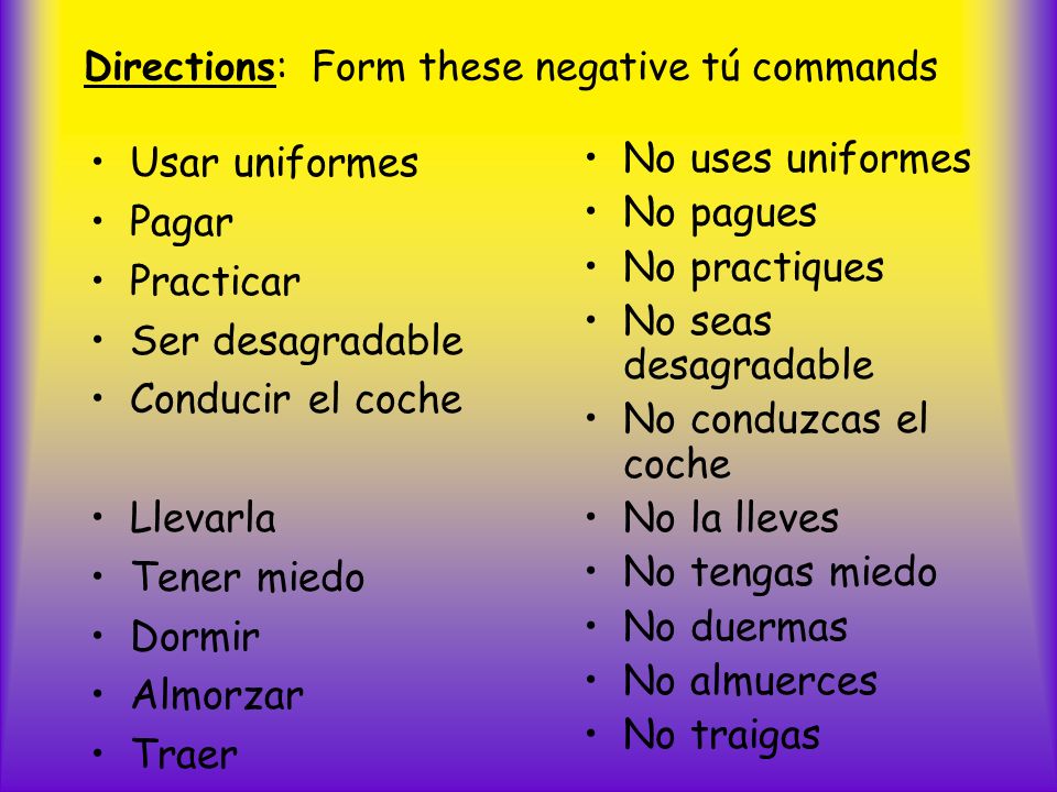 Directions: Form these negative tú commands