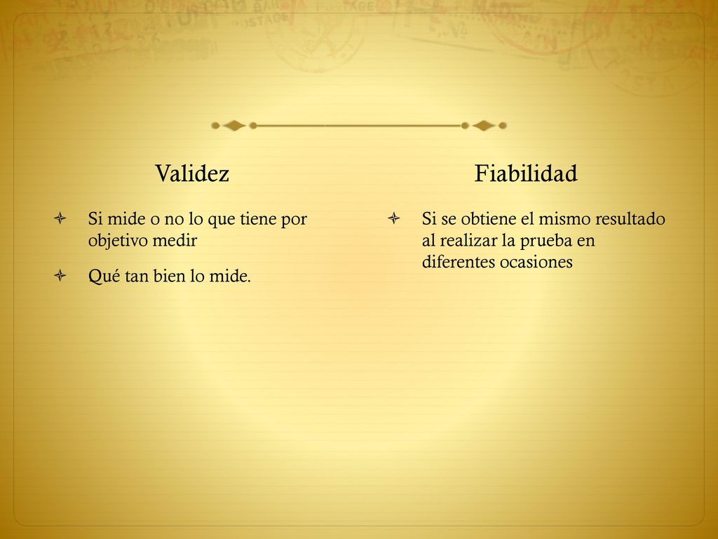 Validez Fiabilidad Si mide o no lo que tiene por objetivo medir