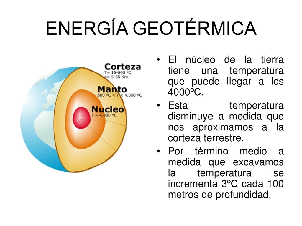 ENERGÍA GEOTÉRMICA El núcleo de la tierra tiene una temperatura que puede llegar a los 4000ºC.