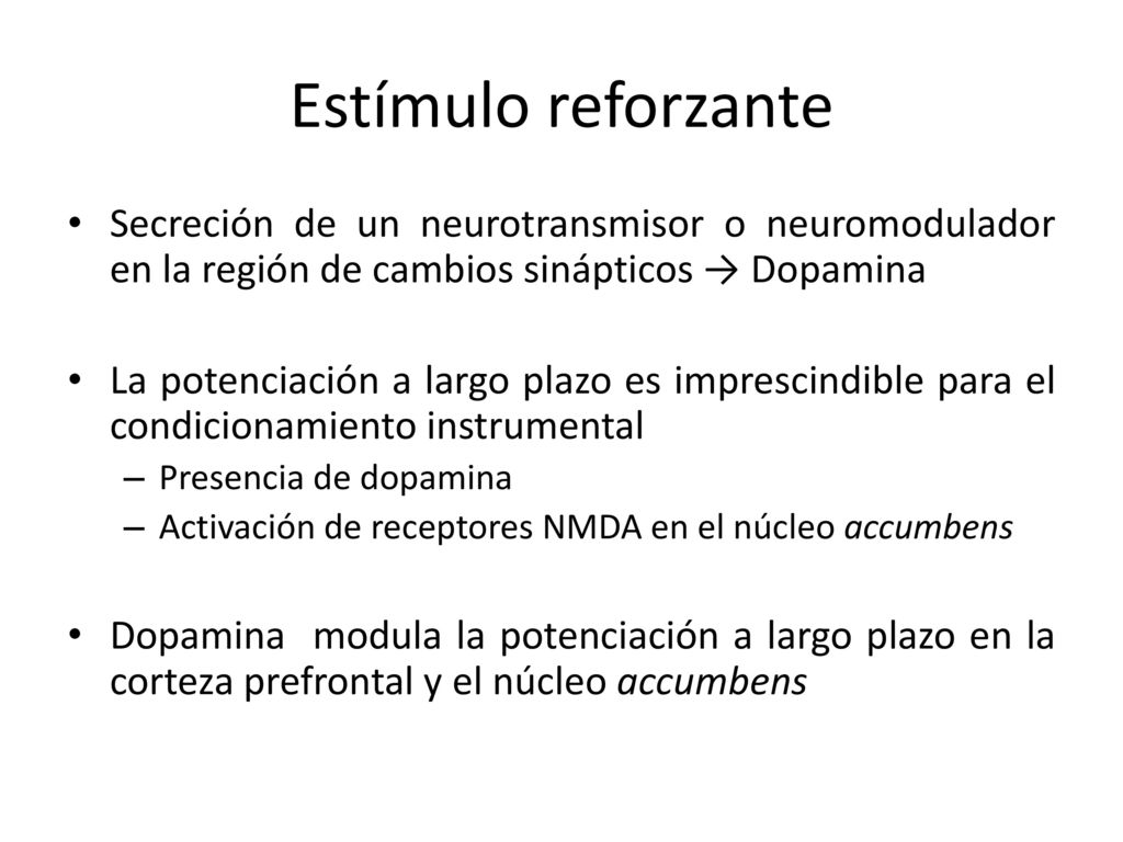Estímulo reforzante Secreción de un neurotransmisor o neuromodulador en la región de cambios sinápticos → Dopamina.