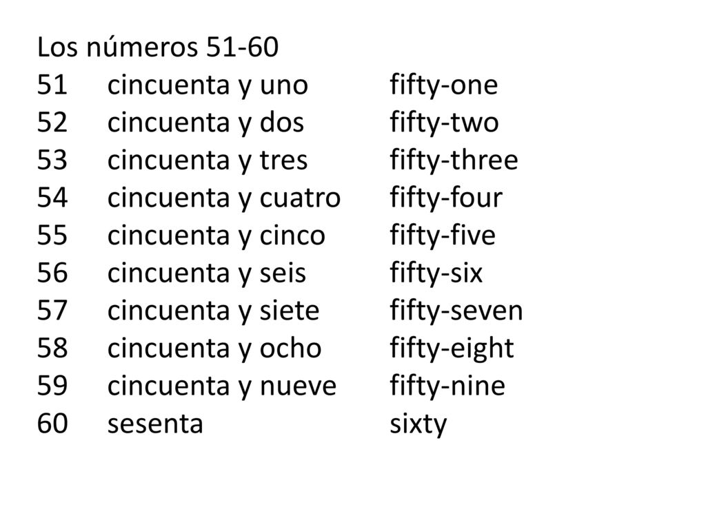 Los números cincuenta y uno fifty-one. 52 cincuenta y dos fifty-two. 53 cincuenta y tres fifty-three.