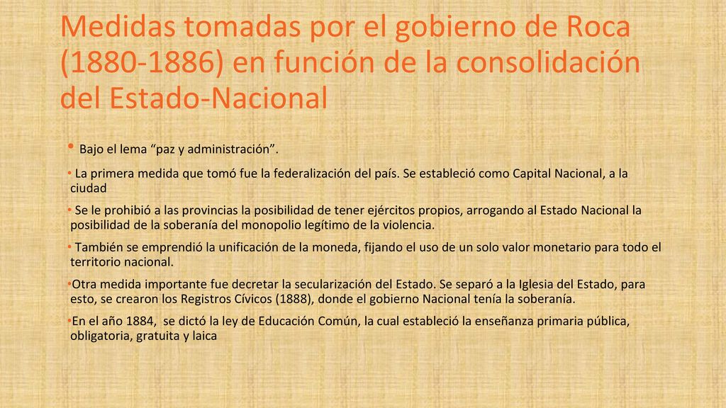 Medidas tomadas por el gobierno de Roca ( ) en función de la consolidación del Estado-Nacional
