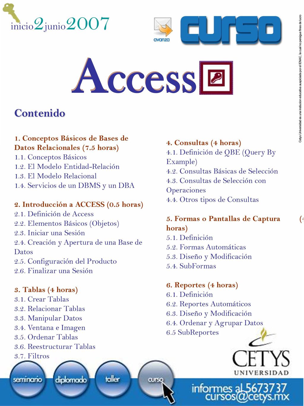 Contenido 1. Conceptos Básicos de Bases de Datos Relacionales (7.5 horas) 1.1. Conceptos Básicos El Modelo Entidad-Relación.
