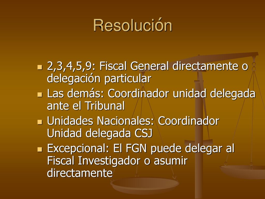 Resolución 2,3,4,5,9: Fiscal General directamente o delegación particular. Las demás: Coordinador unidad delegada ante el Tribunal.