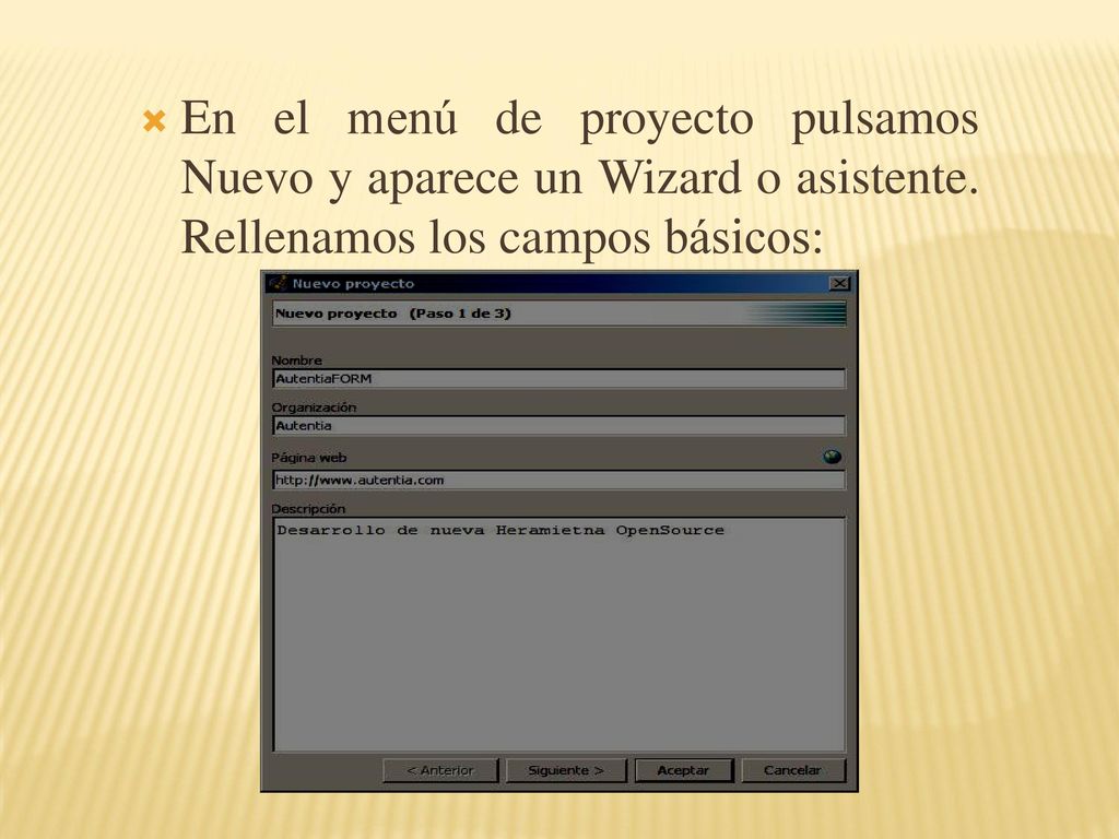 En el menú de proyecto pulsamos Nuevo y aparece un Wizard o asistente