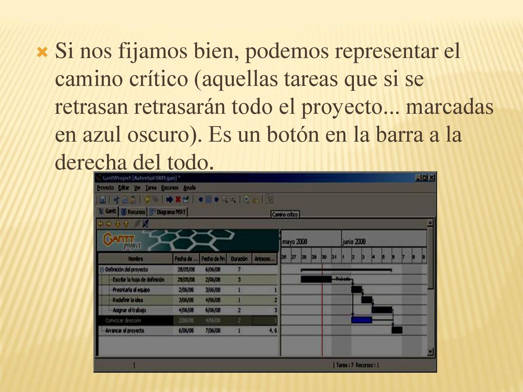 Si nos fijamos bien, podemos representar el camino crítico (aquellas tareas que si se retrasan retrasarán todo el proyecto...