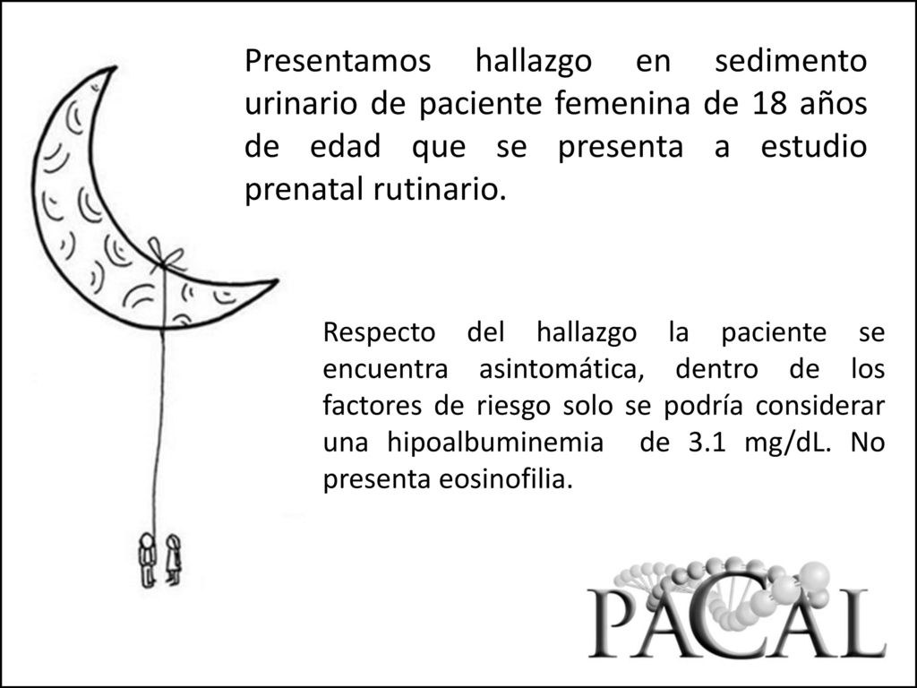 Presentamos hallazgo en sedimento urinario de paciente femenina de 18 años de edad que se presenta a estudio prenatal rutinario.