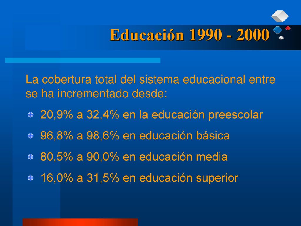 Educación La cobertura total del sistema educacional entre se ha incrementado desde: 20,9% a 32,4% en la educación preescolar.