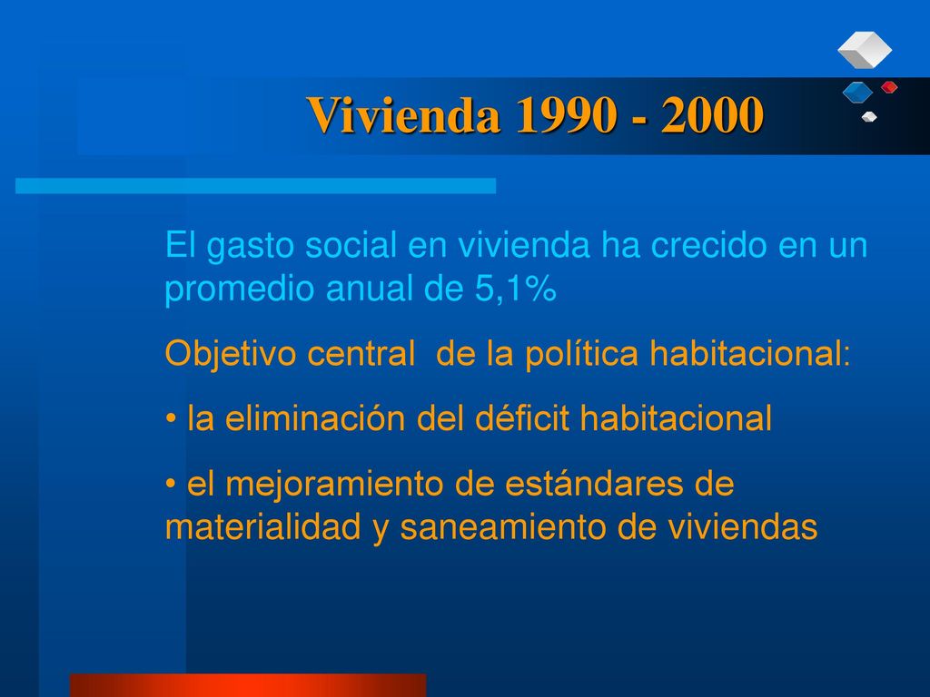 Vivienda El gasto social en vivienda ha crecido en un promedio anual de 5,1% Objetivo central de la política habitacional: