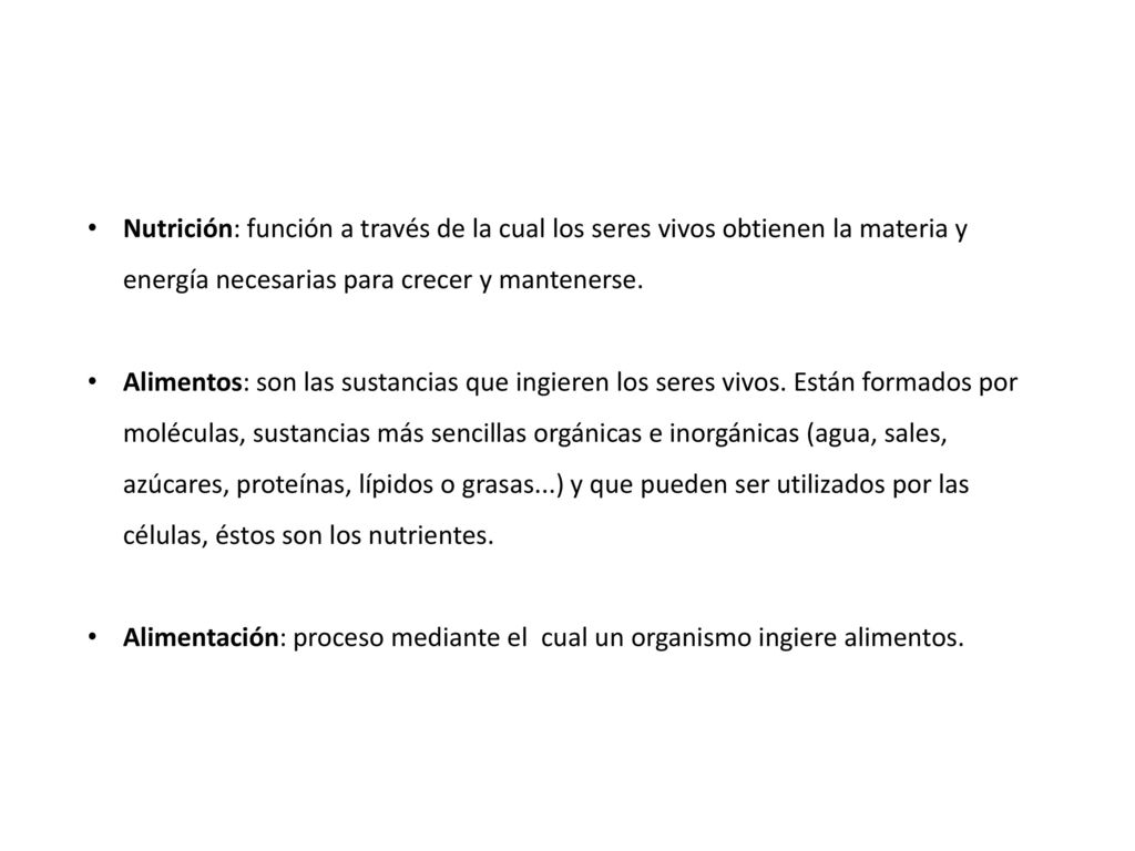 Nutrición: función a través de la cual los seres vivos obtienen la materia y energía necesarias para crecer y mantenerse.