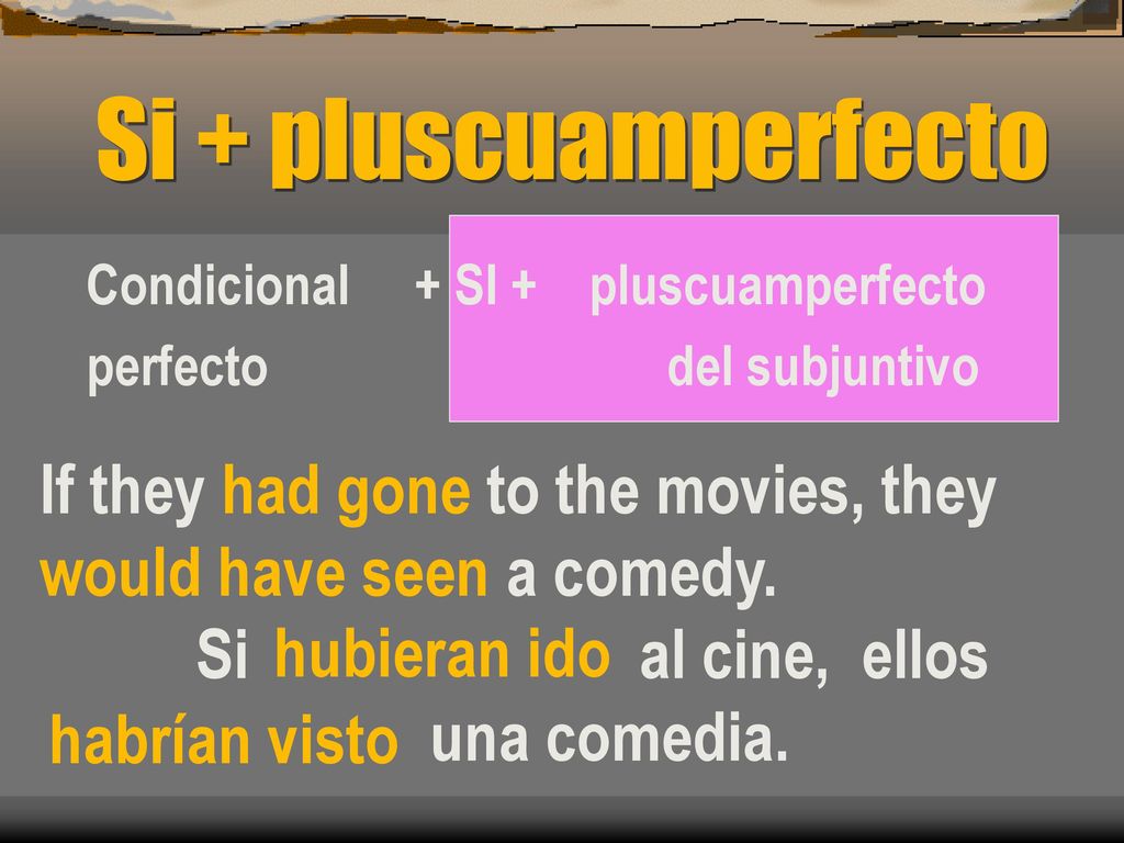 Si + pluscuamperfecto Condicional + SI + pluscuamperfecto. perfecto del subjuntivo.