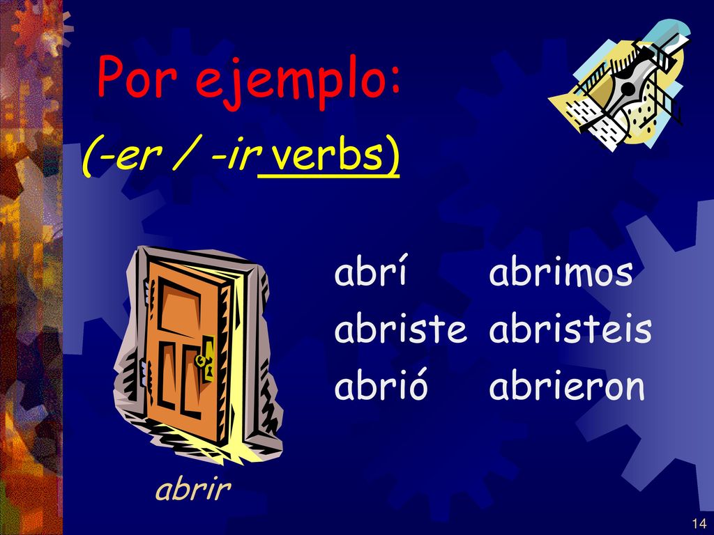 Por ejemplo: (-er / -ir verbs) abrí abriste abrió abrimos abristeis