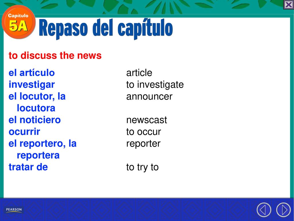 to discuss the news el artículo. investigar. el locutor, la. locutora. el noticiero. ocurrir. el reportero, la.