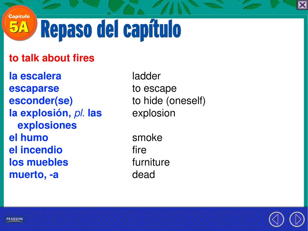 to talk about fires la escalera. escaparse. esconder(se) la explosión, pl. las. explosiones. el humo.