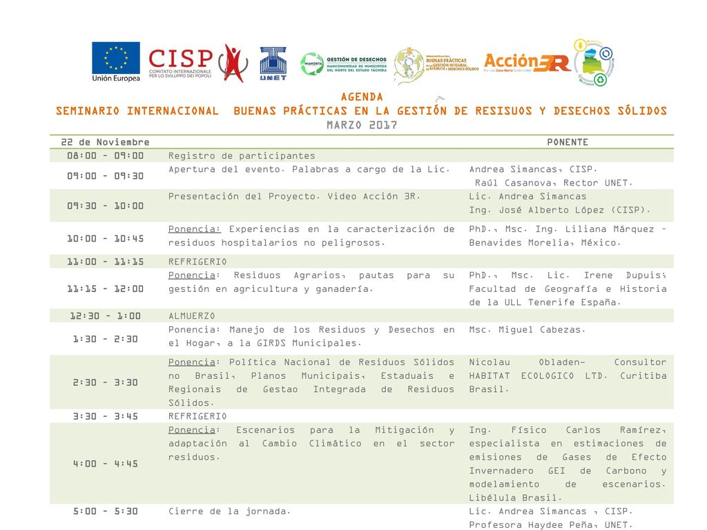 AGENDA SEMINARIO INTERNACIONAL BUENAS PRÁCTICAS EN LA GESTIÓN DE RESISUOS Y DESECHOS SÓLIDOS. MARZO