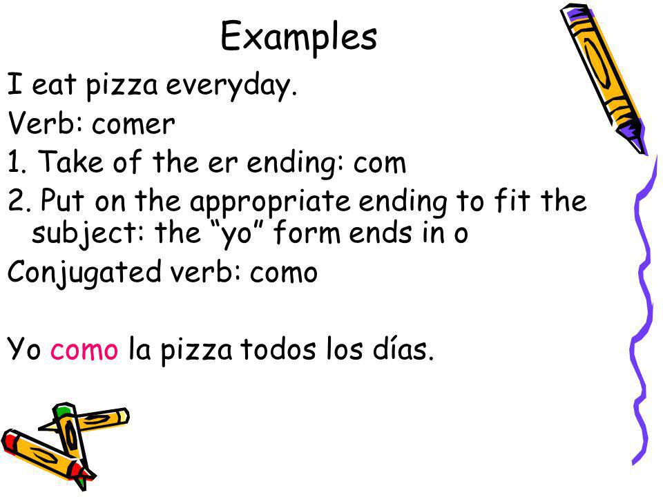 Examples I eat pizza everyday. Verb: comer